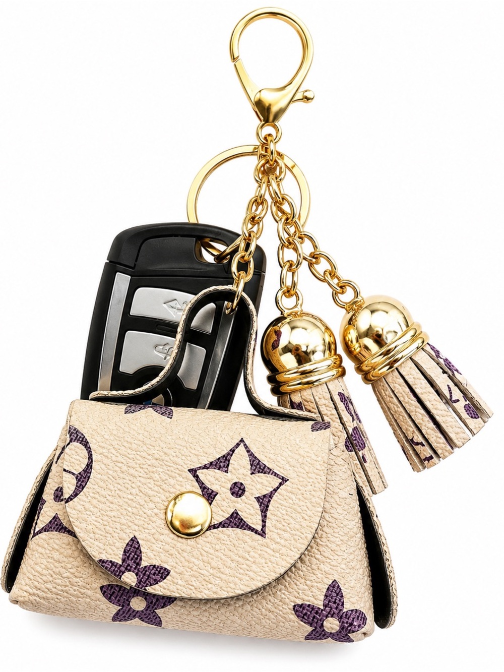 Beige and Purple Mini Purse Tassel Keychain